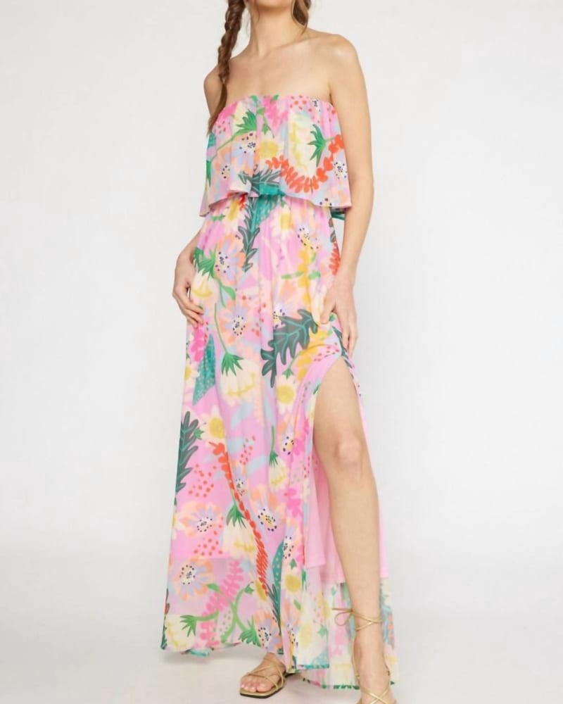 Front of a model wearing a size L Away We Go Patterned Maxi Dress In Pink Floral in Pink Floral by entro. | dia_product_style_image_id:346490
